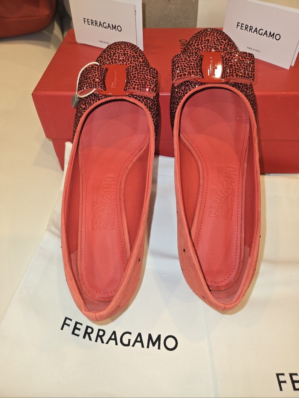 Salvatore Ferragamo Crystal-Embellished Suede Red Pumps Size 6 NWB - Picture 5 of 16